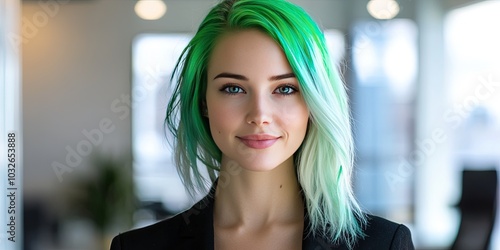 professional female executive with green hair, modern office background photo