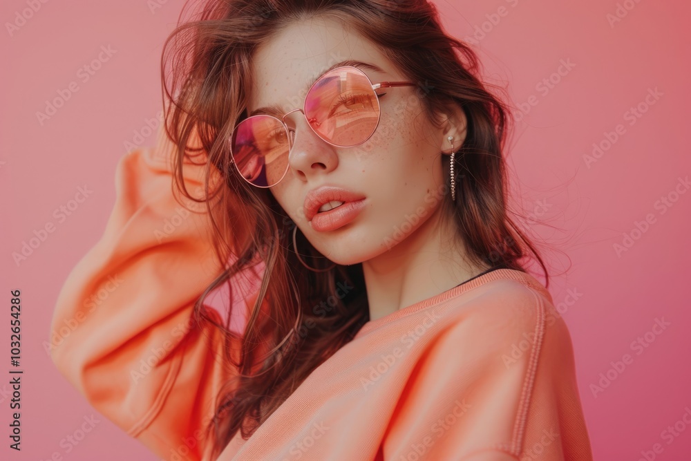 Portrait of stylish happy girl in modern outfit on pink background Portrait of stylish happy girl in modern outfit on pink background