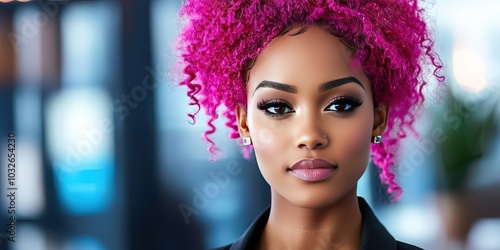 professional black female executive with pink hair, modern office background photo