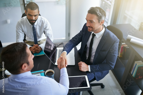 Business people, finance investor or handshake in meeting for funding, teamwork or partnership. Collaboration, agreement or investment banker greeting manager for financial help or negotiation deal