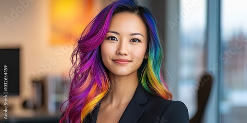 professional asian female executive with rainbow hair, modern office background photo