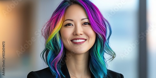 professional asian female executive with rainbow hair, modern office background photo