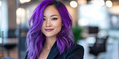 professional asian female executive with purple hair, modern office background photo