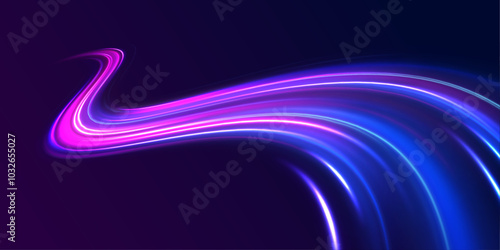 Abstract fast moving glowing neon particle created blue light curve line motion, digital futuristic internet data speed. Expressway, the effect of car headlights. Low-poly construction of fine lines.