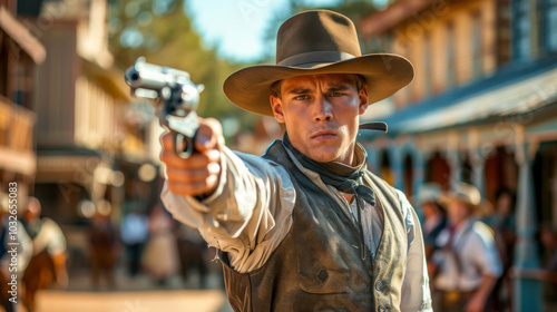 Wild West. A cowboy in a hat takes aim from a pistol against the backdrop of a city street. A cowboy takes aim with a revolver during a duel.