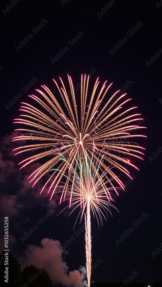 Night sky showcases a vibrant Fourth of July firework display over a bustling cityscape backdrop Night sky showcases a vibrant Fourth of July firework display over a bustling cityscape backdrop