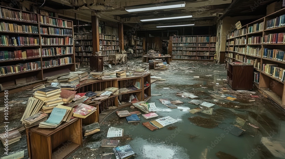 A flooded library with scattered books and debris, reflecting neglect and decay. A flooded library with scattered books and debris, reflecting neglect and decay.