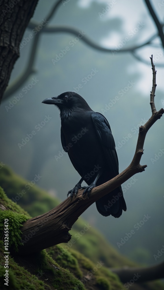A raven perches ominously in a misty forest A raven perches ominously in a misty forest