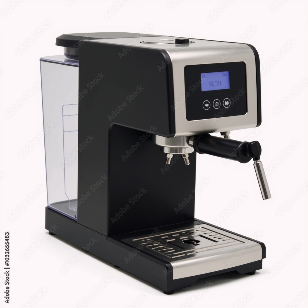 Black coffee maker machine with an icon is depicted against a white background isolated Black coffee maker machine with an icon is depicted against a white background isolated