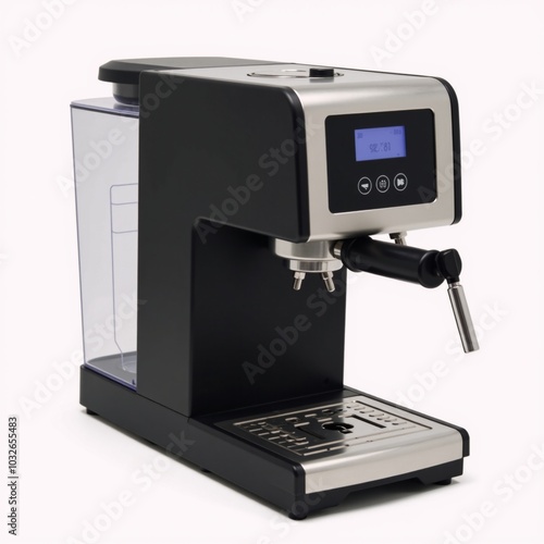 Black coffee maker machine with an icon is depicted against a white background isolated