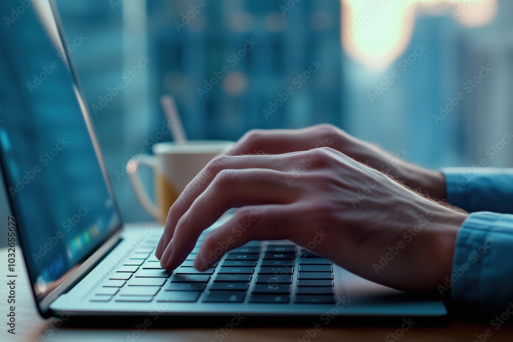 Extreme closeup on the male hands typing on the laptop keyboard. Blurry background with the mug standing on the desk and glass facade. Subtle but bright lights. Daylight. Office interior. Extreme closeup on the male hands typing on the laptop keyboard. Blurry background with the mug standing on the desk and glass facade. Subtle but bright lights. Daylight. Office interior.