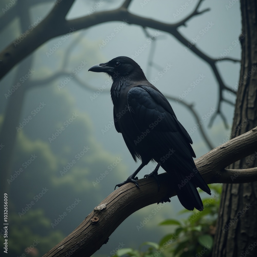 A raven perches ominously in a misty forest A raven perches ominously in a misty forest