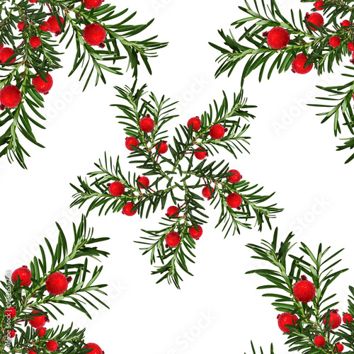 Seamless Christmasl pattern. Abstract pattern of coniferous branches decorated with artificial red berries. Pattern for wrapping paper, greeting cards, invitations, fabric, prints, wallpapers. photo