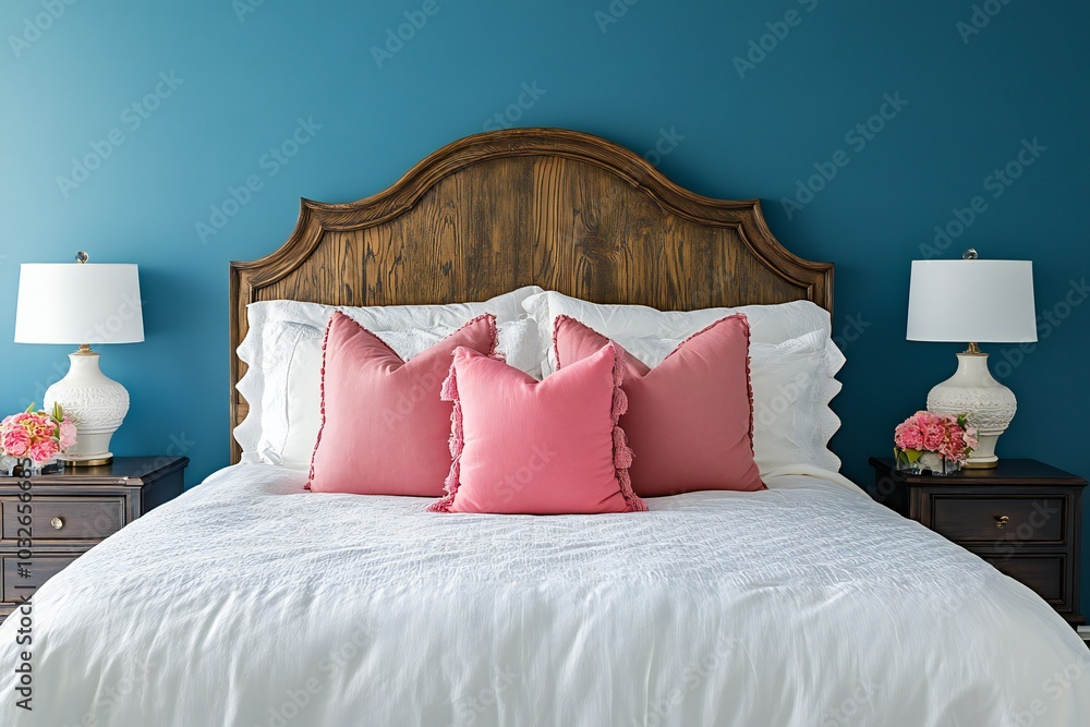 Obraz premium A bedroom with a blue wall and a white bed with a wooden headboard. The bed is made with white sheets and has peach pillows. There are two nightstands on either side of the bed, both with a lamp