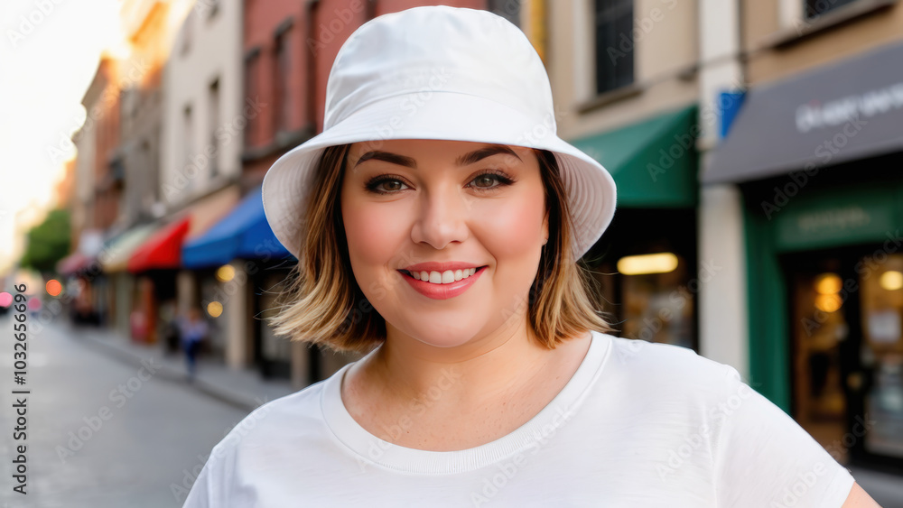Plus size woman with short hair wearing white t-shirt and white bucket hat standing on the street Plus size woman with short hair wearing white t-shirt and white bucket hat standing on the street