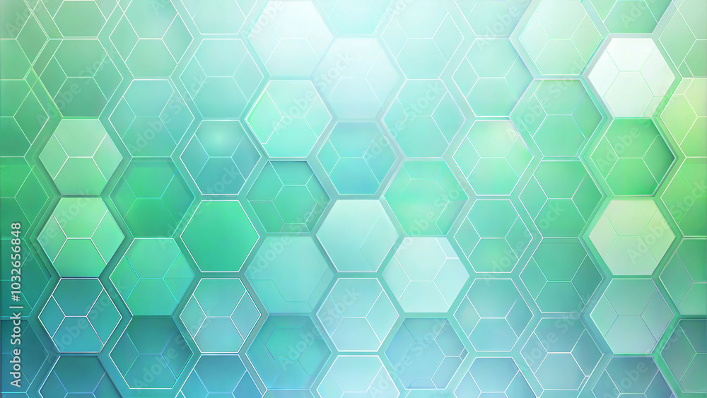Fototapeta premium Modern background with translucent hexagonal patterns in pale blue and green for scientific presentations