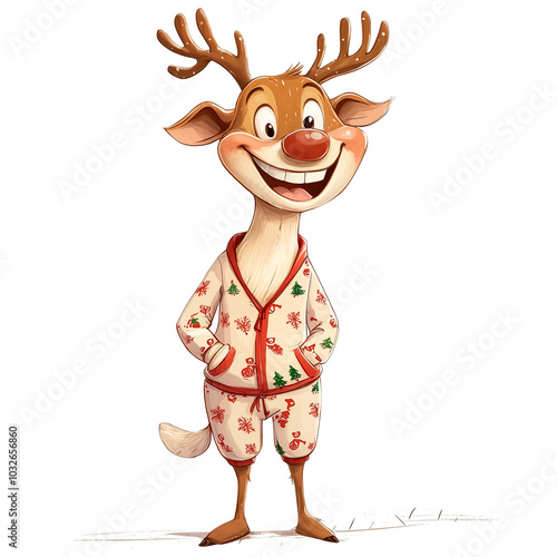 Reindeer in a festive red pajamas on a transparent background. Christmas character, holiday design, cozy vibes, winter joy, seasonal fun, reindeer illustration, holiday fashion, Christmas outfit. photo