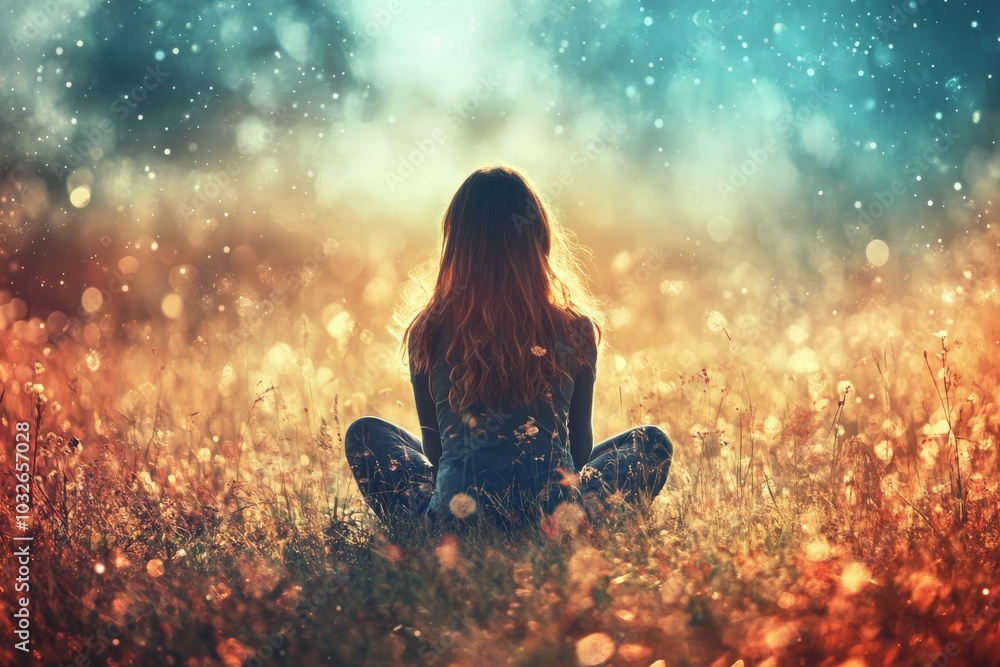 Rear view of a woman sitting in a glowing field of golden grass at sunset symbolizing peace mindfulness and the connection to nature in a serene peaceful outdoor setting Rear view of a woman sitting in a glowing field of golden grass at sunset symbolizing peace mindfulness and the connection to nature in a serene peaceful outdoor setting