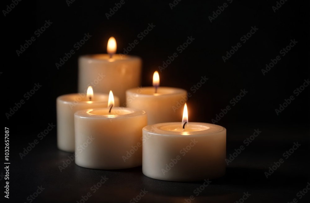 Yellow lit candles on black background. Decoration, branding and spa concept - Fragrant vanilla yellow candles set at night, Christmas, New Year and holiday background, luxury home decor for Valentine Yellow lit candles on black background. Decoration, branding and spa concept - Fragrant vanilla yellow candles set at night, Christmas, New Year and holiday background, luxury home decor for Valentine