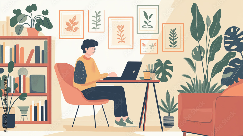 A young professional working from a cozy nook in a studio apartment, surrounded by personal items like framed photos, a bookshelf, and plants. The workspace consists of a small desk with a laptop. A young professional working from a cozy nook in a studio apartment, surrounded by personal items like framed photos, a bookshelf, and plants. The workspace consists of a small desk with a laptop.