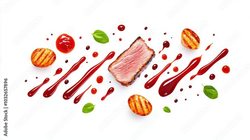 An artistic arrangement of grilled meat with vibrant sauces, fresh herbs, and garnishes on a white background. An artistic arrangement of grilled meat with vibrant sauces, fresh herbs, and garnishes on a white background.
