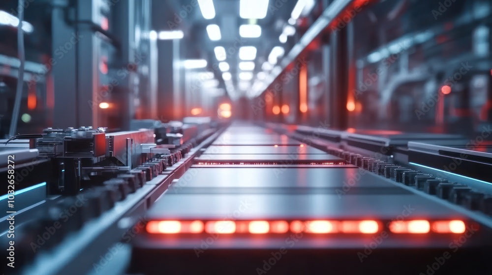 A close-up view of a conveyor belt in an industrial setting with glowing lights. A close-up view of a conveyor belt in an industrial setting with glowing lights.