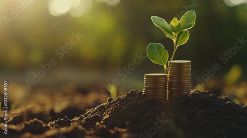 A young plant growing from soil next to stacks of coins, symbolizing growth and investment.