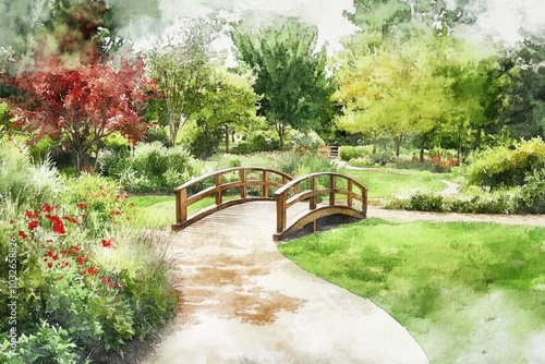 Hand Painted Watercolor Garden Landscape Design with Small Bridge and Pathway