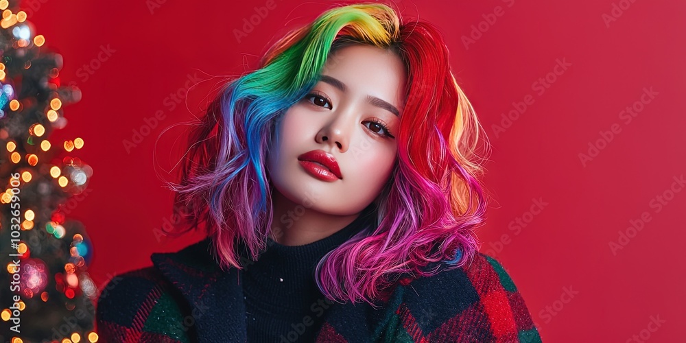 Gen Z asian woman with rainbow hair, Christmas winter, solid background Gen Z asian woman with rainbow hair, Christmas winter, solid background