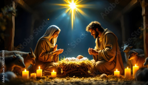 Obraz na płótnie A serene nativity scene featuring Mary, Joseph, and baby Jesus in a manger, softly illuminated by candlelight, surrounded by animals. The star of Bethlehem shines brightly above w salonie