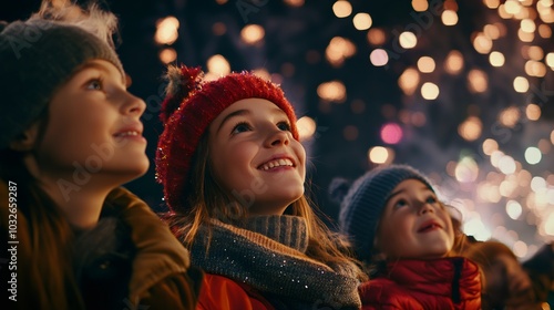 celebration photography, vibrant crowd entranced by a fireworks display, with colorful bursts reflecting on smiling children faces