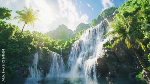 highest waterfall under the montain in the forest in sunny day