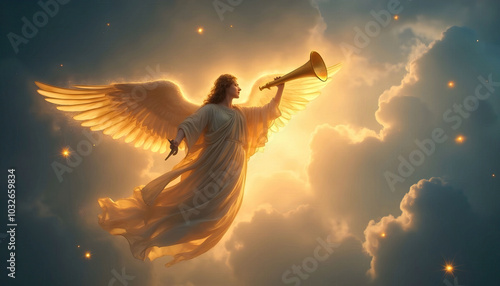 A glowing angel in flowing robes holds a golden trumpet, hovering gracefully in the sky to announce the birth of Jesus. Surrounded by soft, heavenly light and twinkling stars.