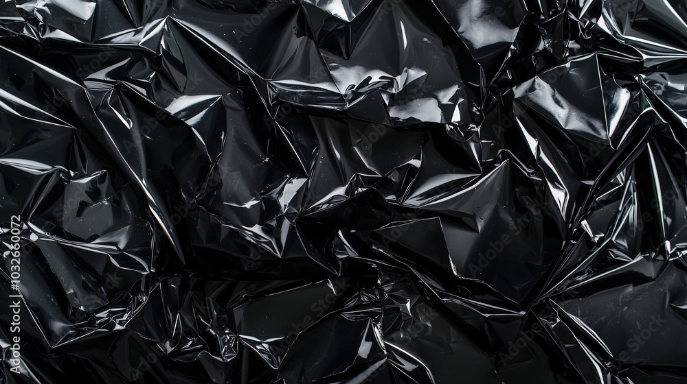 Abstract Crumpled Black Plastic Material with Sharp Angles and Folds Creating Complex Textured Surface, Glossy Finish Abstract Crumpled Black Plastic Material with Sharp Angles and Folds Creating Complex Textured Surface, Glossy Finish