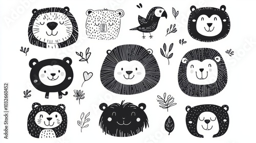 A playful collection of hand-drawn animal faces, perfect for children's artwork, posters, or educational materials. photo