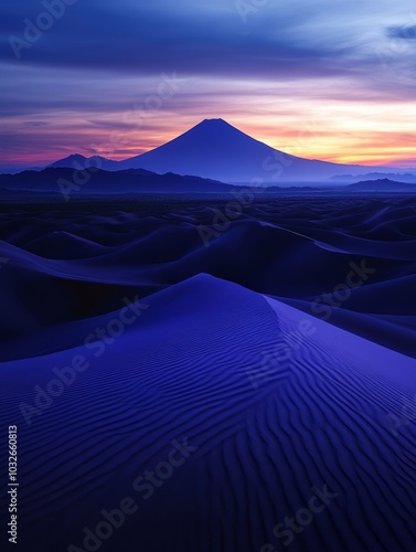 A stunning view of a mountain against a colorful twilight sky, with gentle sand dunes in the foreground, creating a serene atmosphere