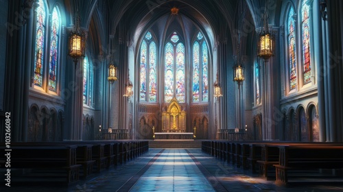 A serene interior of a church featuring stained glass windows and an altar.