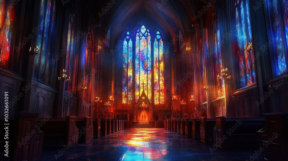 A vibrant, illuminated interior of a grand cathedral with stained glass windows. A vibrant, illuminated interior of a grand cathedral with stained glass windows.