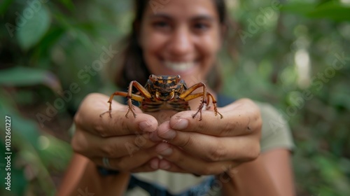 Joyful explorer woman gently cradles a small insect in her hands. photo