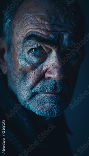 Portrait of a Middle-Aged Man with a Thoughtful Expression on Dark Blue Background