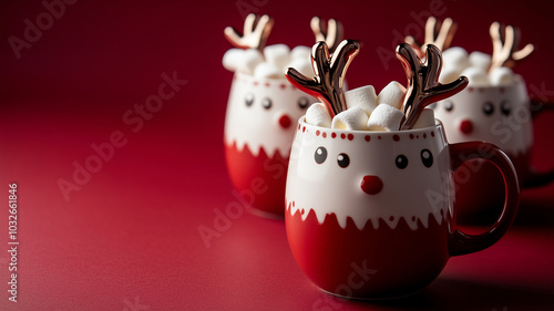 Christmas mugs in the shape of a reindeer with marshmallows on a red background with copy space