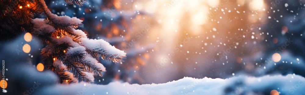 A snowy forest scene at dusk with twinkling lights and gentle snowfall creating a serene winter landscape. With copy space for text. Wide web banner. A snowy forest scene at dusk with twinkling lights and gentle snowfall creating a serene winter landscape. With copy space for text. Wide web banner.