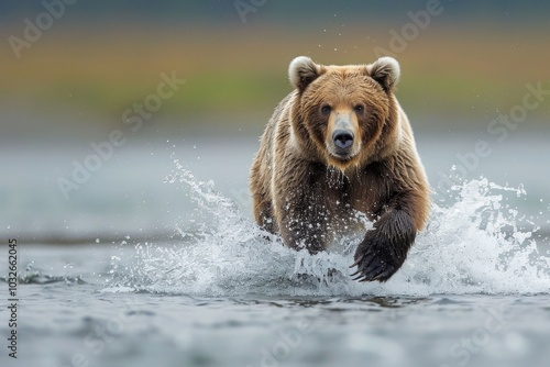 Charging brown bear in dynamic water action shot