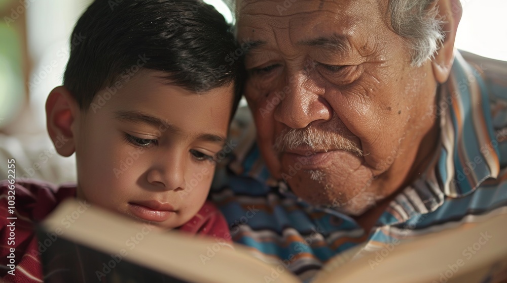 Warm and relaxed portrait of a grandfather reading to his grandchild on his lap. Warm and relaxed portrait of a grandfather reading to his grandchild on his lap.