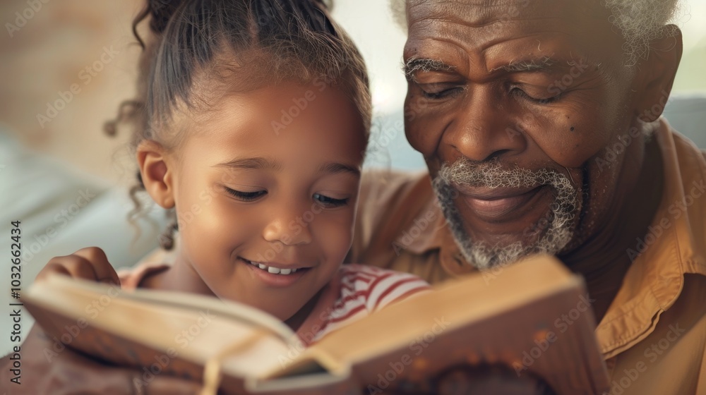 A peaceful scene of a grandfather reading with his grandchild, both radiating joy and affection. A peaceful scene of a grandfather reading with his grandchild, both radiating joy and affection.
