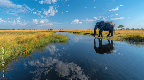 Africa, Botswana, Chobe National Park, African Elephant (Loxodonta Africana) stands at edge of water hole in Savuti Marsh  photo