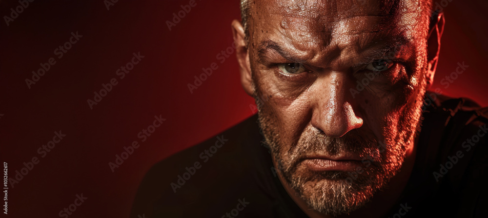 Intense Expression of Determination: Close-Up Portrait of Mature Man on Dark Red Background Intense Expression of Determination: Close-Up Portrait of Mature Man on Dark Red Background