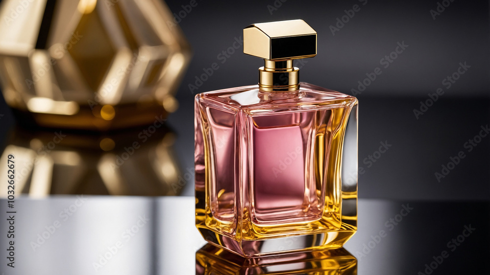 Elegant perfume bottles with gold caps, reflecting light, standing on a sleek surface in perfect alignment. Elegant perfume bottles with gold caps, reflecting light, standing on a sleek surface in perfect alignment.