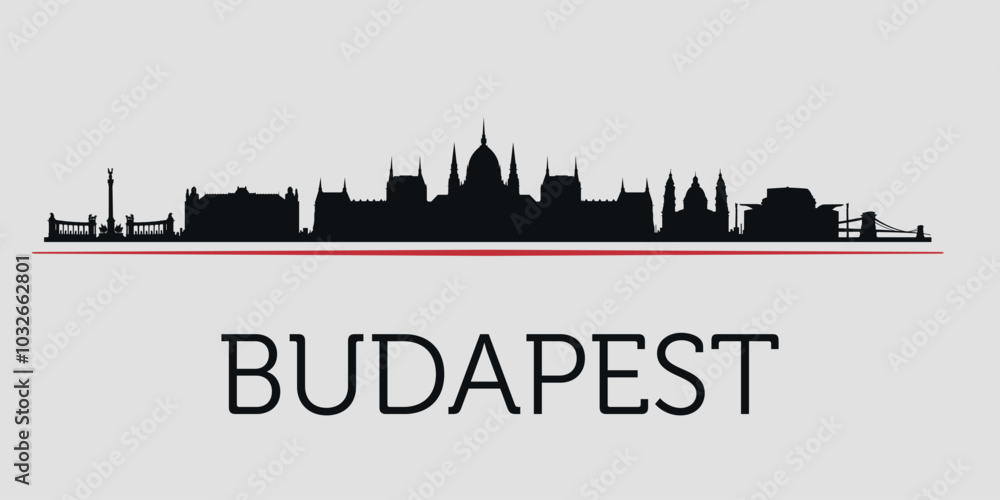Fototapeta premium Black silhouette of Budapest city skyline, emphasized by red line with text. Vector on a gray background