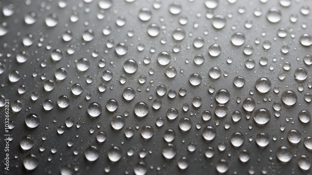 Closeup of water droplets on smooth grey surface Closeup of water droplets on smooth grey surface